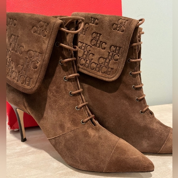 Rare Carolina Herrera Chocolate Brown Suede Foldover Logo Boots Size 39 … - Picture 12 of 14